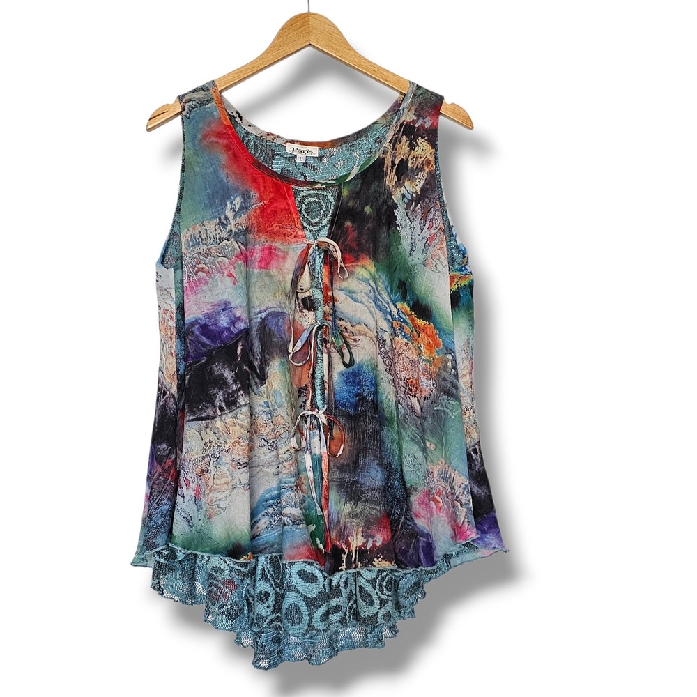 Paris Hues Tank Top L Tie Front Boho Artsy Hippie Mixed Media Gypsy Colorful